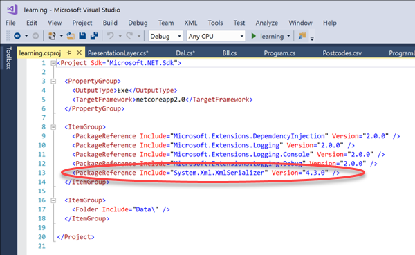 Visual Studio System.Xml.XmlSerializer package toegevoegd